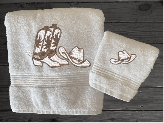 White batah towel and washcloth high quality luxury Turkish towels durable soft and absorbent, finished edges with a decorative band. Set has 1 bath towel 27" x 55", 1 hand towel 16" x 27", 1 washcloth 13" x 13". Embroidered with a custom design. You can personalize the towel set with a name and an initial on the washcloth or just the designs. These luxury towels will make a wonderful wedding gift, housewarming gift, or for your own bathroom decor. Borgmanns Creation