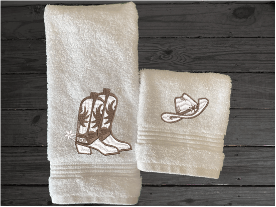 White hand towel and washcloth high quality luxury Turkish towels durable soft and absorbent, finished edges with a decorative band. Set has 1 bath towel 27" x 55", 1 hand towel 16" x 27", 1 washcloth 13" x 13". Embroidered with a custom design. You can personalize the towel set with a name and an initial on the washcloth or just the designs. These luxury towels will make a wonderful wedding gift, housewarming gift, or for your own bathroom decor. Borgmanns Creation