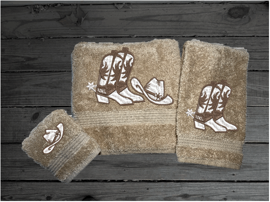 Beige western bath towel set or individual towels, cowboy hat and boots, this Luxury Turkish Towel set has 3 towels  1 bath towel 27" x 55", 1 hand towel 15" x 28", 1 washcloth - 13" x 13"the perfect design for the western farmhouse decor. You can personalize this bathroom towel set will make a wonderful wedding gift.  Borgmanns Creations -2