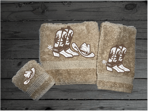 Beige western bath towel set or individual towels, cowboy hat and boots, this Luxury Turkish Towel set has 3 towels  1 bath towel 27" x 55", 1 hand towel 15" x 28", 1 washcloth - 13" x 13"the perfect design for the western farmhouse decor. You can personalize this bathroom towel set will make a wonderful wedding gift.  Borgmanns Creations -2
