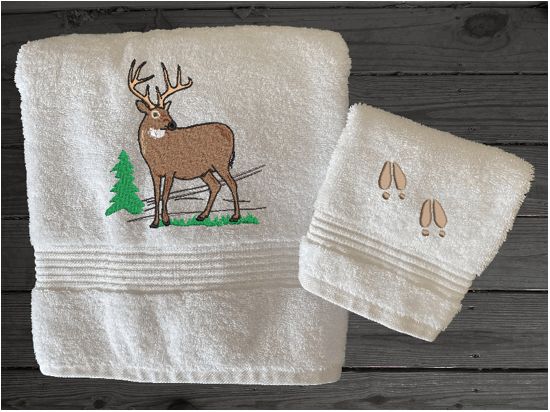 High Quality Luxury White Turkish bath towel and washcloth durable soft and absorbent, finished edges with a decorative band. Set has 1 bath towel 27 x ", 55" 1 hand towel 16" x 27", 1 washcloth 13" x 13". Embroidered with a custom design. You can personalize the towel set with a name and an initial on the washcloth or just the designs. These luxury towels will make a wonderful wedding gift, housewarming gift, or for your own bathroom decor. Borgmanns Creations