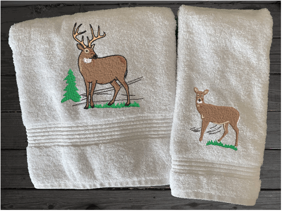 High Quality Luxury White Turkish bath towel and hand towel durable soft and absorbent, finished edges with a decorative band. Set has 1 bath towel 27 x ", 55" 1 hand towel 16" x 27", 1 washcloth 13" x 13". Embroidered with a custom design. You can personalize the towel set with a name and an initial on the washcloth or just the designs. These luxury towels will make a wonderful wedding gift, housewarming gift, or for your own bathroom decor. Borgmanns Creations