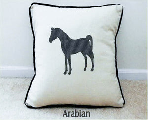Arabian Horse pillow cover embroidered Horse silhouette design makes the perfect decor for the farmhouse or country living. Custom wedding gift for the new couple's home decor.  Details  beige (natural color) embroidered design 18" x 18"  black piping around edge beige backing (natural color) Borgmanns Creations-1