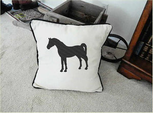 Arabian Horse pillow cover embroidered Horse silhouette design makes the perfect decor for the farmhouse or country living. Custom wedding gift for the new couple's home decor.  Details  beige (natural color) embroidered design 18" x 18"  black piping around edge beige backing (natural color) Borgmanns Creations - 3