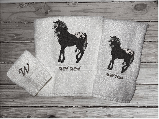 White bath towel set or individual towels, embroidered Appaloosa horse is the perfect design for the horse loving family, that western decor. This Luxury horse towel set of 3 towels 1 bath towel, 1 hand towel, 1 wash cloth. You can personalize the towel set with a name and an initial on the wash cloth or just the designs - Borgmanns Creations -1