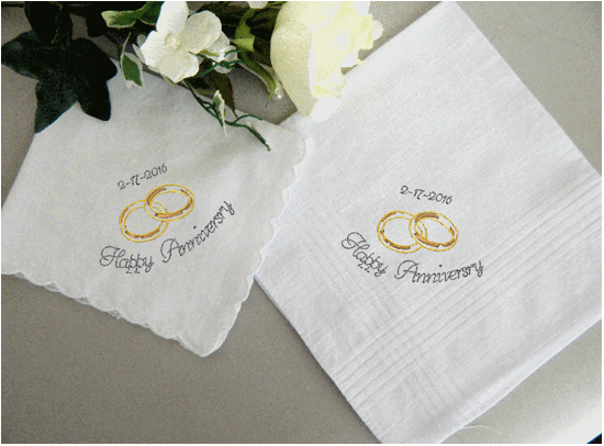 Give this awesome anniversary cotton handkerchief set, lady 11" x 11" with scalloped edges, man 16" x 16" with satin strips around edge, personalized embroidered design of wedding rings with text, to mom an dad or grandpa and grandma they will love that you care. This is an every day useable gift - Borgmanns Creations - 1