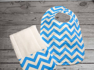This bib and burp cloth set -blue chevron design - will make a cute gift for the new born baby shower. The bib 9" from neck to bottom- 8" wide, burp cloth- per fold diaper. Made of flannel top and terry cloth backing to keep the baby dry from those frequent spills. Custom gift for a toddler - Borgmanns Creations - 1