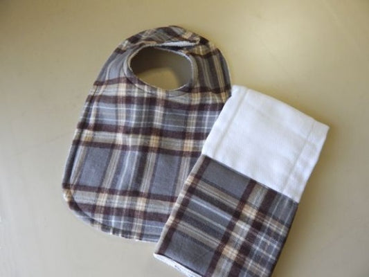 This bib and burp cloth set, woodland checkered design, will make a cute gift for the new born baby shower. Made of flannel top and terry cloth backing. This bib is 9" from neck to bottom  8" wide and the burp cloth is a prefold diaper. A great birthday gift for the toddler, custom gift - Borgmanns Creations - 1