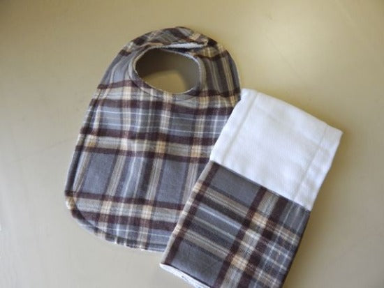 This bib and burp cloth set, woodland checkered design, will make a cute gift for the new born baby shower. Made of flannel top and terry cloth backing. This bib is 9
