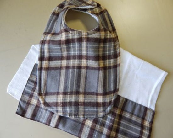 This bib and burp cloth set, woodland checkered design, will make a cute gift for the new born baby shower. Made of flannel top and terry cloth backing. This bib is 9" from neck to bottom  8" wide and the burp cloth is a prefold diaper. A great birthday gift for the toddler, custom gift - Borgmanns Creations -