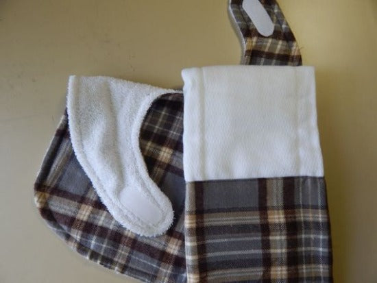 This bib and burp cloth set, woodland checkered design, will make a cute gift for the new born baby shower. Made of flannel top and terry cloth backing. This bib is 9" from neck to bottom  8" wide and the burp cloth is a prefold diaper. A great birthday gift for the toddler, custom gift - Borgmanns Creations -