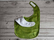 Load image into Gallery viewer, This photo is of the bib for this bib and burp cloth set made of shades of green flannel top and terry cloth backing - bib 9&quot; from neck to bottom- 8&quot; wide with sticky fasteners, burp cloth is 16&quot; x 8&quot; will make a great gift for the new born baby shower, first birthday gift, etc.  To keep the baby dry from those frequent spills - Borgmanns Creations -3
