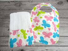 Load image into Gallery viewer, This bib and burp cloth set of colorful butterflies made of flannel top and terry cloth backing. The bib 9&quot; from neck to bottom- 8&quot; wide with sticky fasteners, burp cloth- per fold diaper and makes a great gift for the new born baby shower. Keeps the baby dry from those frequent spills - Borgmanns creations - 1
