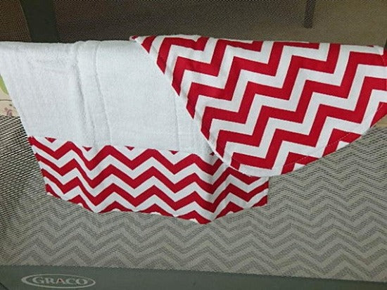 This bib and burp cloth set -red chevron design -made of flannel top and terry cloth backing, the bib 9" from neck to bottom- 8" wide with sticky fasteners, burp cloth- per fold diaper will make a cute gift for the new born baby shower to keep the baby dry from those frequent spills. Custom gift for a toddler - Borgmanns Creations - 2