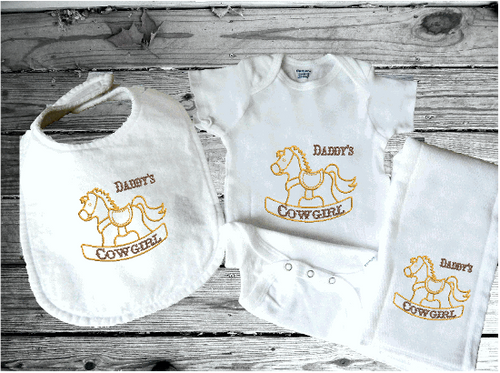 3 piece baby shower gift set bib, burp cloth, Onesie, personalized gift for the new born. Give as a coming home gift, baby's first birthday gift with the western theme for that special little cowboy or cowgirl. Bib, burp cloth and body suit have embroidered rocking horse - Borgmanns Creations  -1