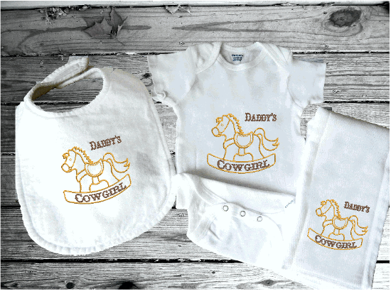 3 piece baby shower gift set bib, burp cloth, Onesie, personalized gift for the new born. Give as a coming home gift, baby's first birthday gift with the western theme for that special little cowboy or cowgirl. Bib, burp cloth and body suit have embroidered rocking horse - Borgmanns Creations  -1