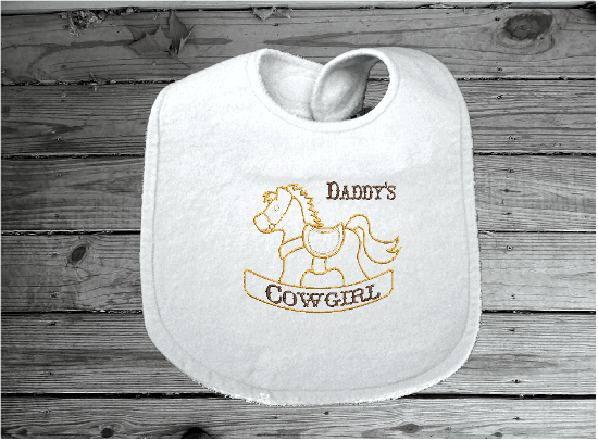 3 piece baby shower gift set bib, burp cloth, Onesie, personalized gift for the new born. Give as a coming home gift, baby's first birthday gift with the western theme for that special little cowboy or cowgirl. Bib, burp cloth and body suit have embroidered rocking horse - Borgmanns Creations 