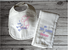 Load image into Gallery viewer, Bib and burp cloth set, cute gift for the new born baby shower, or 1st birthday gift. Made of flannel top and terry cloth backing Bib is 13&quot; is over all length, 7 14&quot; from neck to bottom and 8 3/4&quot; at widest point sticky fasteners,  the burp cloth is  tri fold diaper - Borgmanns Creations - 1
