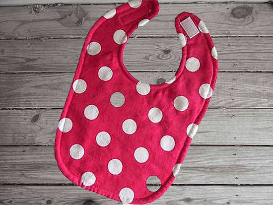 This bib and burp cloth set has a flannel top, pink with white polka dots and terry cloth backing bib 9" from neck to bottom- 8" wide sticky fasteners, white burp cloth is 16" x 8" with, will make a great gift for the new born baby shower.  To keep the baby dry from those frequent spills. Check it out today - Borgmanns Creations -