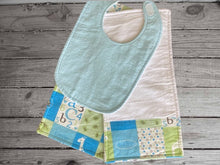 Load image into Gallery viewer, This bib and 2 burp cloth set - will make a cute gift for the new born baby shower. Made of flannel top and terry cloth backing bib 9&quot; from neck to bottom- 8&quot; with sticky fasteners,  burp cloth is 16&quot; x 8&quot; wide, to keep the baby dry from those frequent spills. Custom gift for a toddler - Borgmanns Creations - 1

