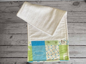 This burp cloth is to the bib and 2 burp cloth set - will make a cute gift for the new born baby shower. Made of flannel top and terry cloth backing bib 9" from neck to bottom- 8" with sticky fasteners,  burp cloth is 16" x 8" wide, white with strip of materil accross  bottom, to keep the baby dry from those frequent spills. Custom gift for a toddler - Borgmanns Creations - 3