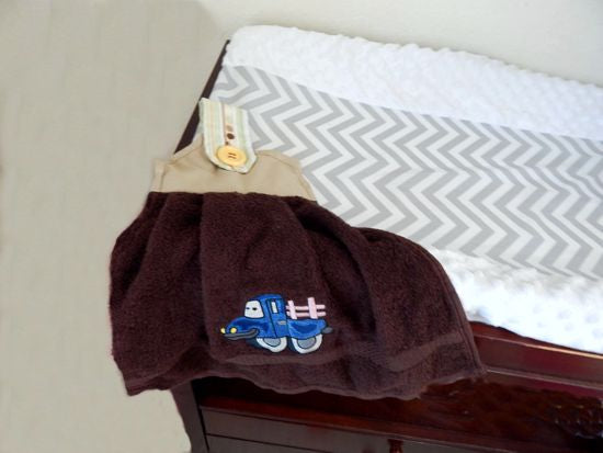 Baby Shower Gift - embroidered truck on brown hanging towel - boy's nursery decor - top is light brown cotton material - button to fasten -  new born gift - birthday gift - gift for mom - Borgmanns Creations 2