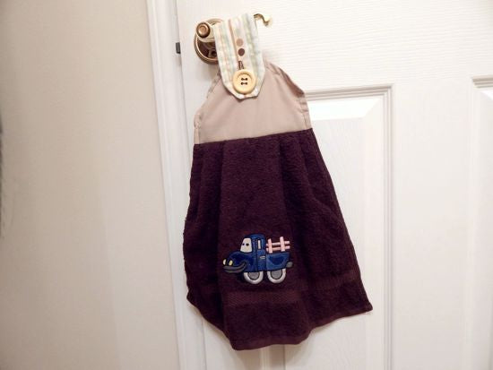 Baby Shower Gift - embroidered truck on brown hanging towel - boy's nursery decor - top is light brown cotton material - button to fasten -  new born gift - birthday gift - gift for mom - Borgmanns Creations 4