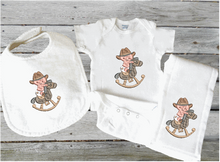Load image into Gallery viewer, Bib, burp, bodysuit set - embroidered rocking horse with cowboy or cowgirl - baby shower gift -  personalized gift - coming home gift -  baby&#39;s first birthday gift western theme -  Borgmanns Creations
