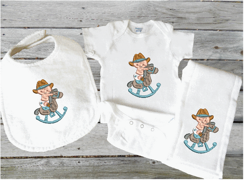 Bib, burp, bodysuit set - embroidered rocking horse with cowboy or cowgirl - baby shower gift -  personalized gift - coming home gift -  baby's first birthday gift western theme -  Borgmanns Creations 1