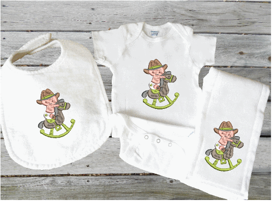 Bib, burp, bodysuit set - embroidered rocking horse with cowboy or cowgirl - baby shower gift -  personalized gift - coming home gift -  baby's first birthday gift western theme -  Borgmanns Creations