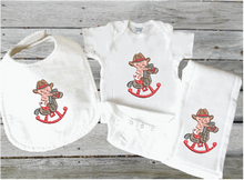 Load image into Gallery viewer, Bib, burp, bodysuit set - embroidered rocking horse with cowboy or cowgirl - baby shower gift -  personalized gift - coming home gift -  baby&#39;s first birthday gift western theme -  Borgmanns Creations
