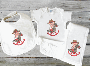 Bib, burp, bodysuit set - embroidered rocking horse with cowboy or cowgirl - baby shower gift -  personalized gift - coming home gift -  baby's first birthday gift western theme -  Borgmanns Creations