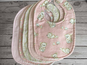 Get this set of 5 bibs, all different designs, for your little princess as a baby shower gift, a gift for the new mom, birthday gift for her first birthday. Made of flannel top and terry cloth backing, sticky fasteners, bib 9" from neck to bottom- 8" wide, to keep the baby dry from those frequent spills. Even use as a toddler - Borgmanns Creations - 1