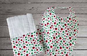 This bib and burp cloth set with green and red dots is made of flannel top and terry cloth backing the bib 9" from neck to bottom- 8" wide with sticky fasteners,  burp cloth is a pre fold diaper with matching material at the bottom of the burp cloth and will make a great gift for the new born baby shower, to keep the baby dry from those frequent spills - Borgmanns Creations - 1