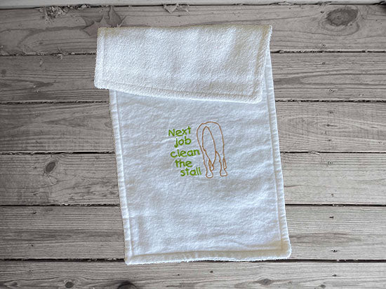 White burp cloth with the humorous saying - Next Job Clean the Stall - embroidered horse's back side with green littering, is made of flannel top and terry cloth backing. bib 9" from neck to bottom- 8" wide with sticky fasteners, the burp cloth is 16" x 8" makes a cute gift for the new born baby shower - Borgmanns Creations - 3