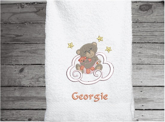 Beige hand towel - woodland nursery decor -Baby shower gift - embroidered teddy bear bath hand towel - personalized new born gift for mom to be - custom hand towel - Borgmanns Creations