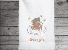 Load image into Gallery viewer, Beige hand towel - woodland nursery decor -Baby shower gift - embroidered teddy bear bath hand towel - personalized new born gift for mom to be - custom hand towel - Borgmanns Creations

