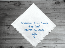 Load image into Gallery viewer, Baptism Christening embroidered gift - godparents and  grandparents keepsake - personalize name and date - white cotton handkerchief with scalloped edges - Borgmanns Creations 1
