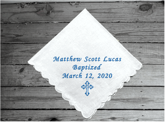 Baptism Christening embroidered gift - godparents and  grandparents keepsake - personalize name and date - white cotton handkerchief with scalloped edges - Borgmanns Creations 1