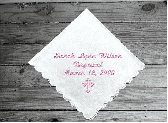 Baptism Christening embroidered gift - godparents and  grandparents keepsake - personalize name and date - white cotton handkerchief with scalloped edges - Borgmanns Creations 2
