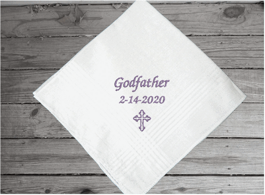 Godfather handkerchief - baby's sponsor gift - a wonderful way to keep the date of the baptism or christening of your baby's special  day - custom embroidered religious gift from their godchild - cotton handkerchief with satin strips 16" x 16" - Borgmanns Creations - 1
