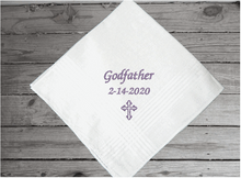Load image into Gallery viewer, Godfather handkerchief - baby&#39;s sponsor gift - a wonderful way to keep the date of the baptism or christening of your baby&#39;s special  day - custom embroidered religious gift from their godchild - cotton handkerchief with satin strips 16&quot; x 16&quot; - Borgmanns Creations - 1
