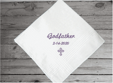 Load image into Gallery viewer, Godfather handkerchief - baby&#39;s sponsor gift - a wonderful way to keep the date of the baptism or christening of your baby&#39;s special  day - custom embroidered religious gift from their godchild - cotton handkerchief with satin strips 16&quot; x 16&quot; - Borgmanns Creations - 2
