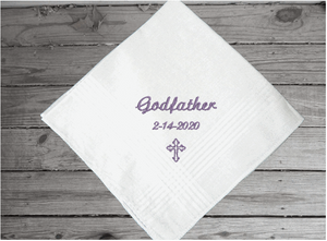 Godfather handkerchief - baby's sponsor gift - a wonderful way to keep the date of the baptism or christening of your baby's special  day - custom embroidered religious gift from their godchild - cotton handkerchief with satin strips 16" x 16" - Borgmanns Creations - 2