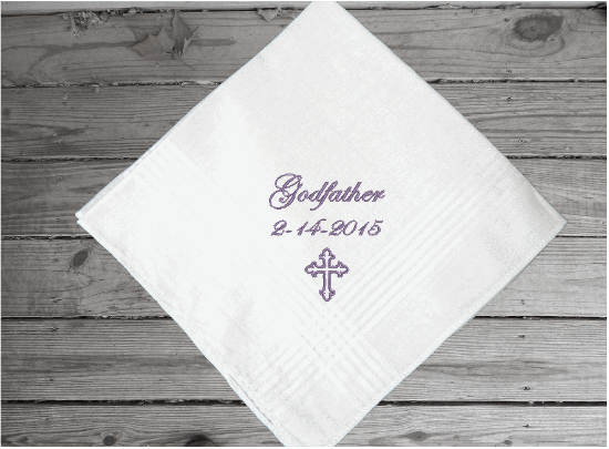 Godfather handkerchief - baby's sponsor gift - a wonderful way to keep the date of the baptism or christening of your baby's special  day - custom embroidered religious gift from their godchild - cotton handkerchief with satin strips 16" x 16" - Borgmanns Creations - 3