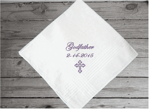 Godfather handkerchief - baby's sponsor gift - a wonderful way to keep the date of the baptism or christening of your baby's special  day - custom embroidered religious gift from their godchild - cotton handkerchief with satin strips 16" x 16" - Borgmanns Creations - 3