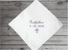 Load image into Gallery viewer, Godfather handkerchief - baby&#39;s sponsor gift - a wonderful way to keep the date of the baptism or christening of your baby&#39;s special  day - custom embroidered religious gift from their godchild - cotton handkerchief with satin strips 16&quot; x 16&quot; - Borgmanns Creations - 4
