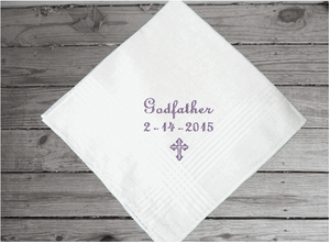 Godfather handkerchief - baby's sponsor gift - a wonderful way to keep the date of the baptism or christening of your baby's special  day - custom embroidered religious gift from their godchild - cotton handkerchief with satin strips 16" x 16" - Borgmanns Creations - 4