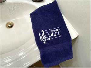 Blue musical notes hand towel - embroidered musical notes -  gift for mom and her music minded family - teachers band members etc. - bathroom or kitchen decor - cotton premium terry towel, soft and absorbent, 16" x 27" - Borgmanns Creations