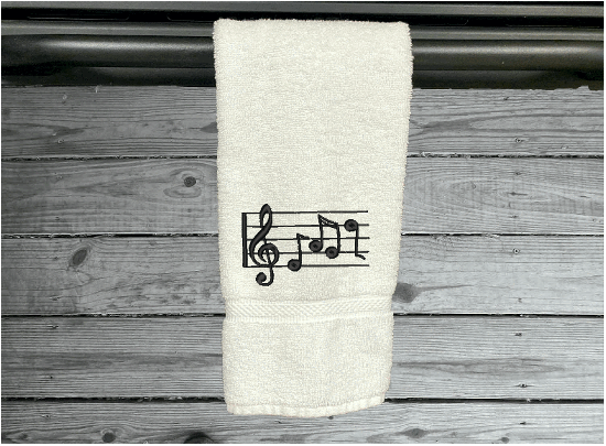 White musical notes hand towel - embroidered musical notes -  gift for mom and her music minded family - teachers band members etc. - bathroom or kitchen decor - cotton premium terry towel, soft and absorbent, 16" x 27" - Borgmanns Creations -2
